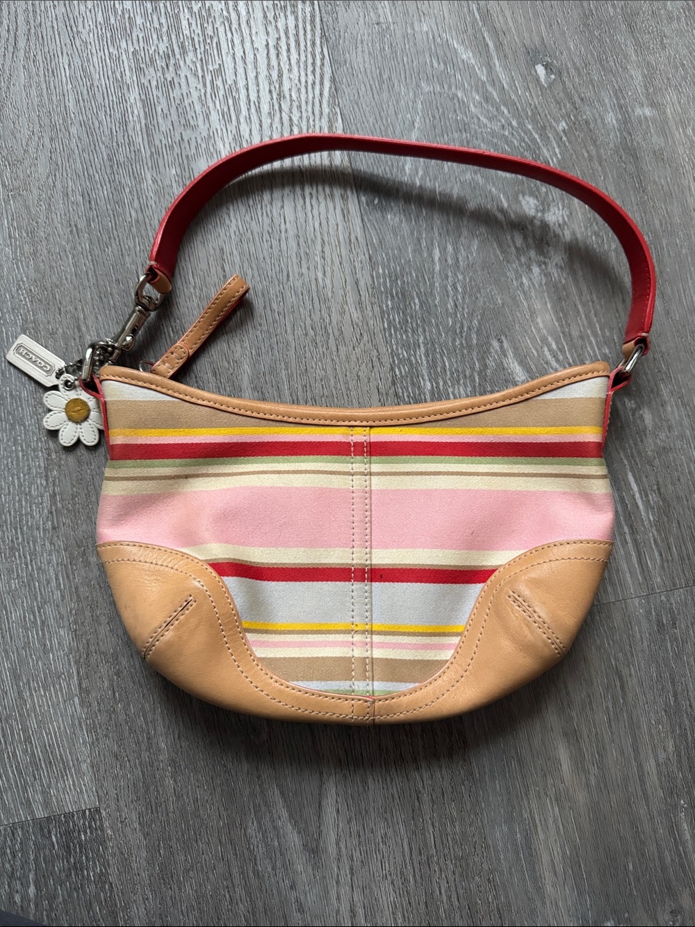 Vintage Coach Pink and Red Striped Canvas Shoulder Bag with Tan Trim
